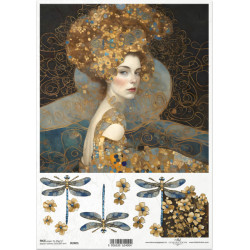 Papír rýžový A4 Inspirováno Klimtem, žena, vážky a květy