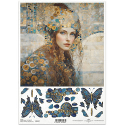 Papír rýžový A4 Inspirováno Klimtem, žena, motýli a drahokamy